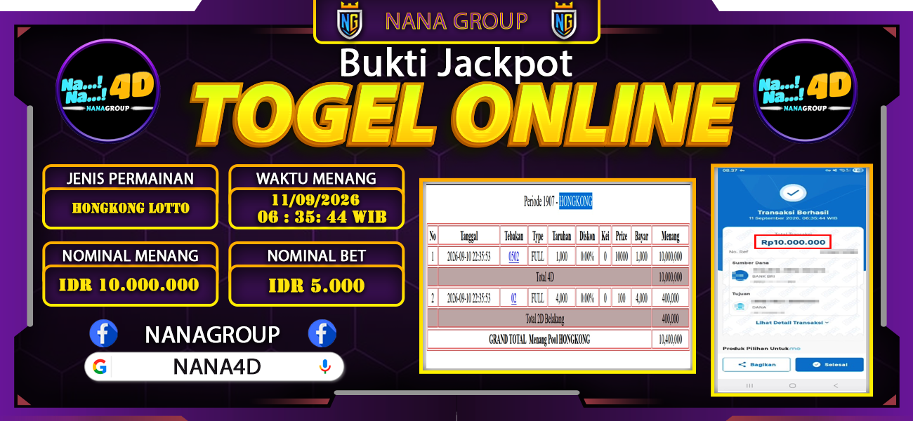Bukti Kemenangan Besar Dibayar lunas Member NANA4D RP 10.000.000, 12 September 2026