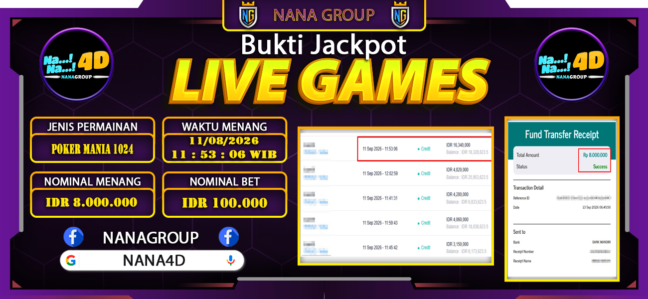 Bukti Kemenangan Besar Dibayar lunas Member NANA4D RP 8.000.000, 13 September 2026