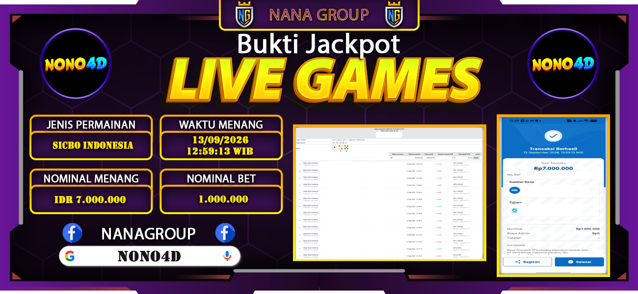 Bukti Kemenangan Besar Dibayar lunas Member NONO4D RP 7.000.000, 13 September 2026