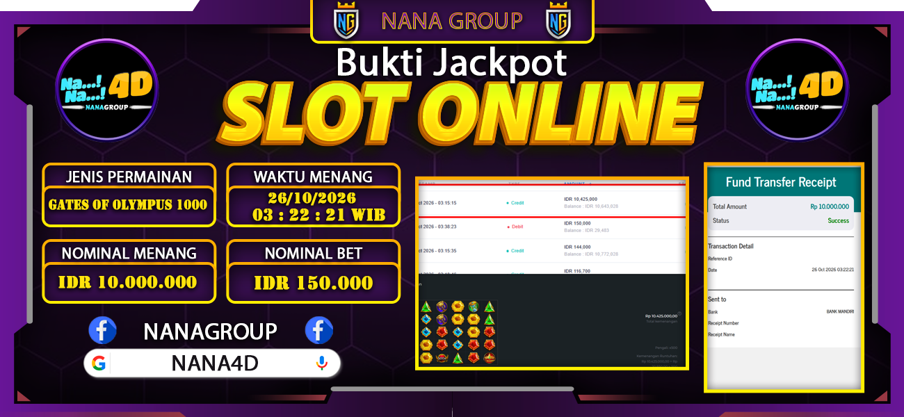 Bukti Kemenangan Besar Dibayar lunas Member NANA4D RP 10.000.000, 26 Oktober 2026