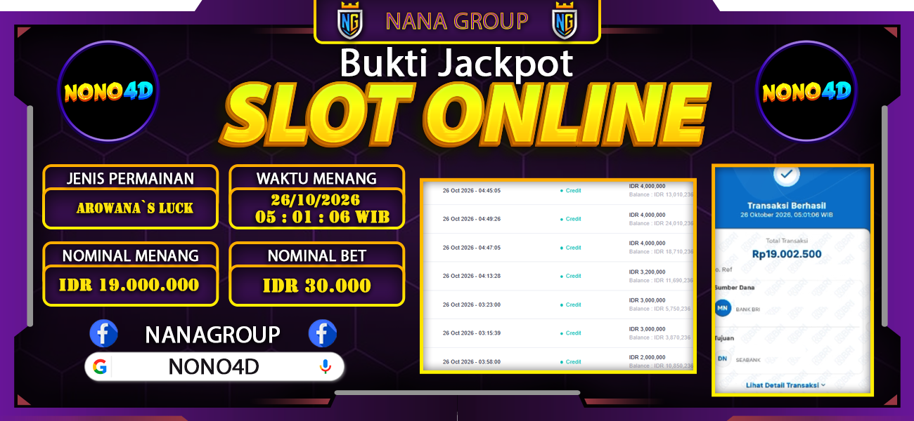 Bukti Kemenangan Besar Dibayar lunas Member NONO4D RP 19.000.000, 26 Oktober 2026